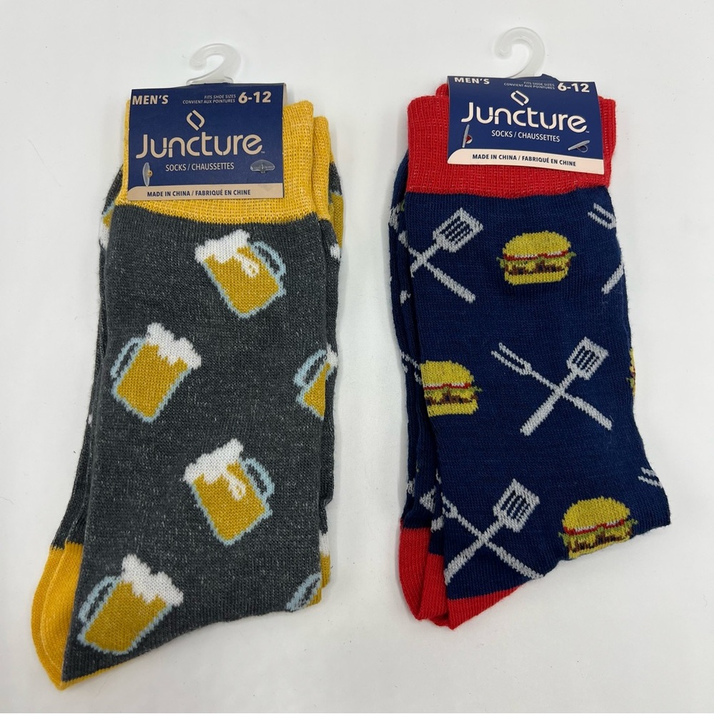 NWT Juncture‎ Men’s Socks Size 6-12 Beer Mugs Hamburgers BBQ 2 Pairs